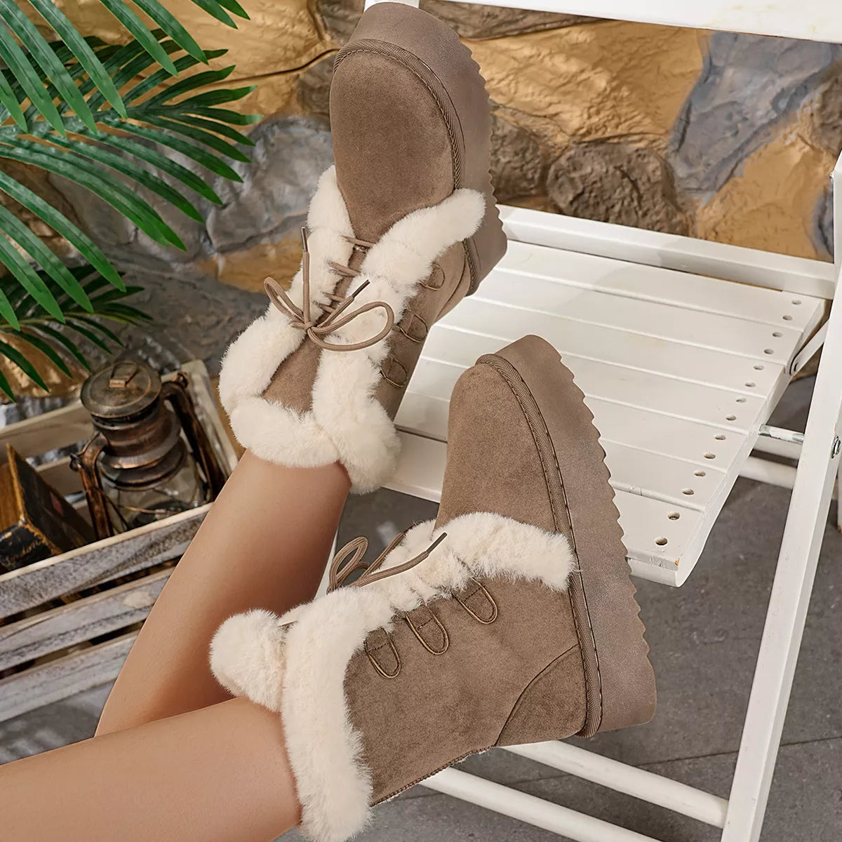 Camel round toe platform boots pair standing together