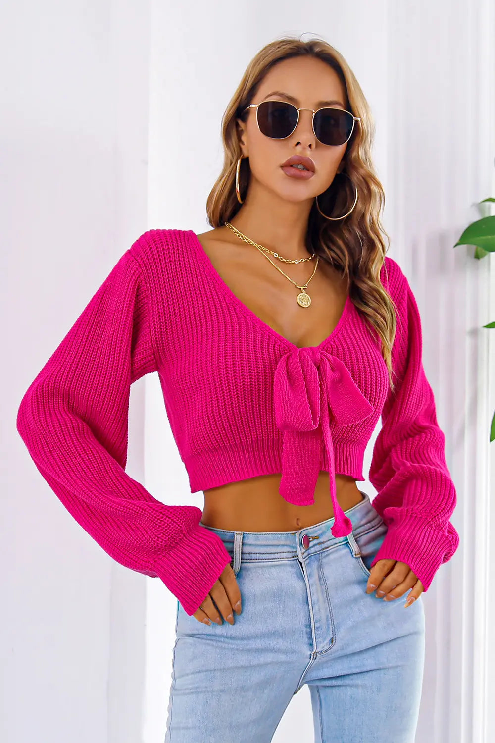 Bow V-Neck Long Sleeve Cropped Sweater Deep Rose - Fashorio