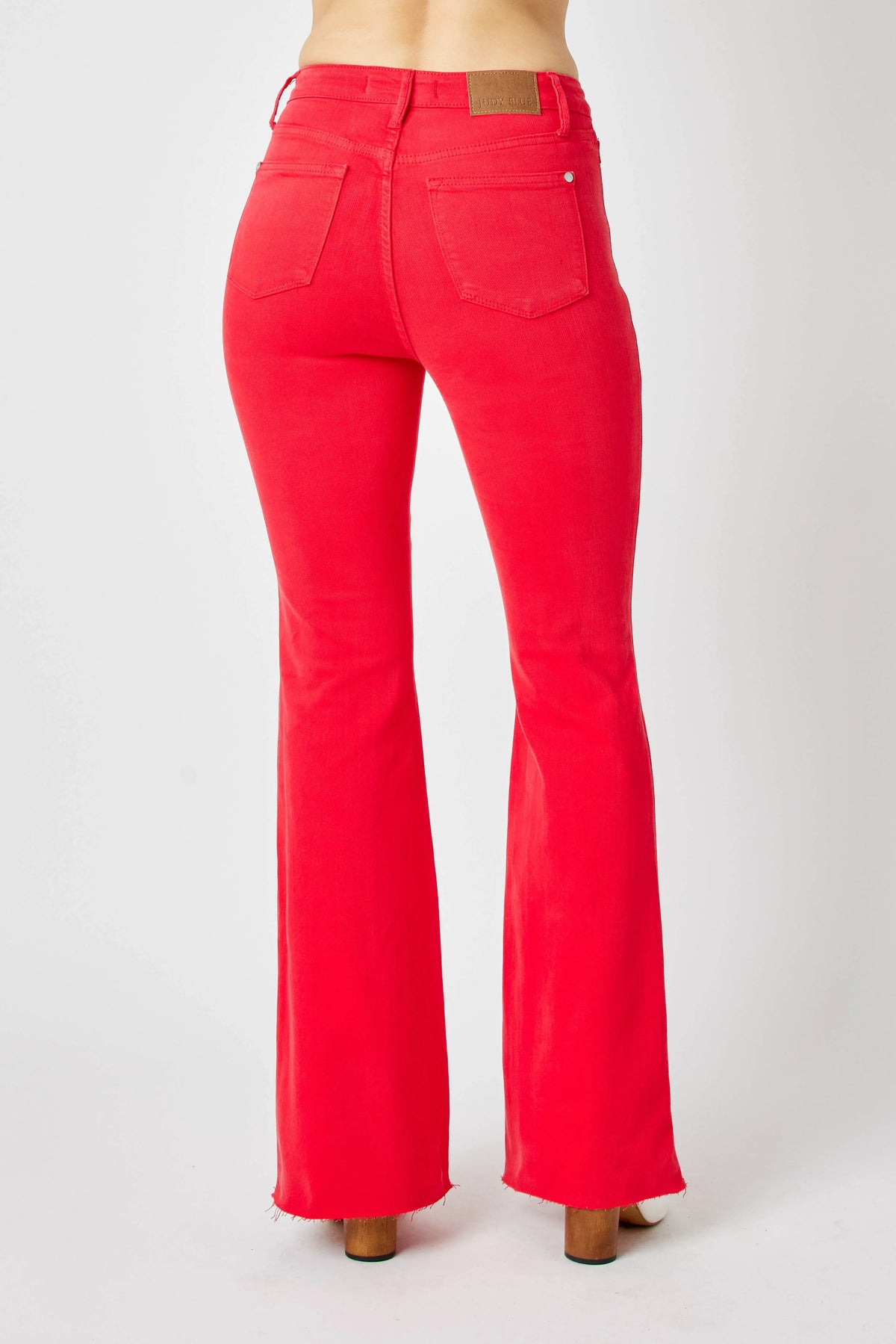 Judy Blue plus size red flare jeans hem detail