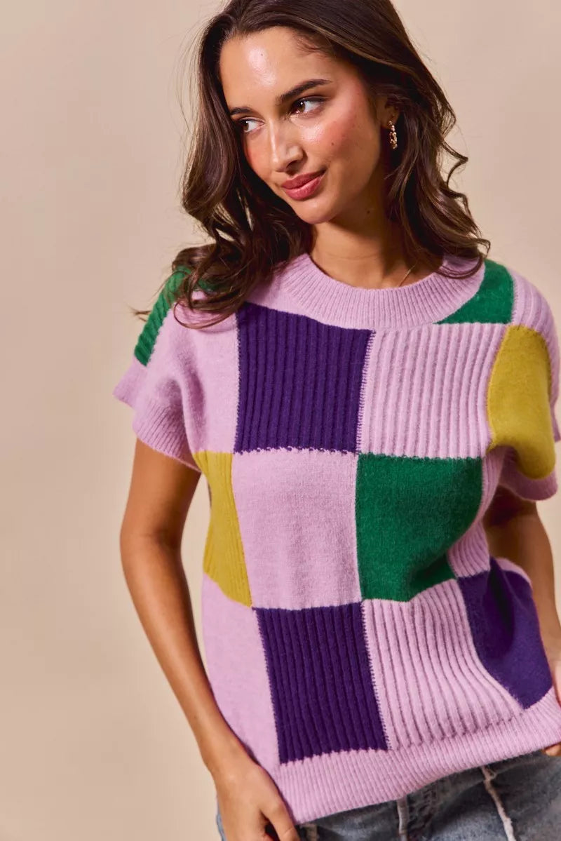 Check Plaid Casual Sweater Top in Lavender side view