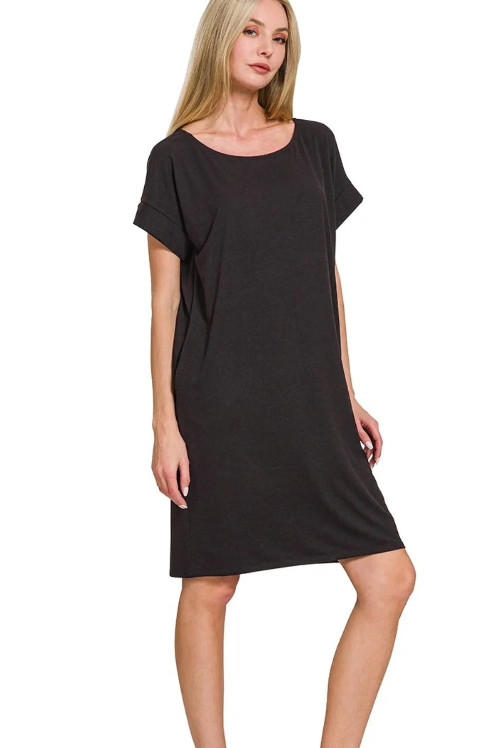 Rolled Short Sleeve Round Neck Dress