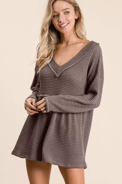 BiBi Waffle Knit V-Neck Babydoll Blouse - Fashorio