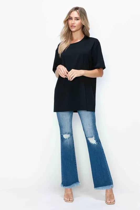 bytos Full Size Raw Hem Distressed High Rise Bootcut Jeans - Fashorio