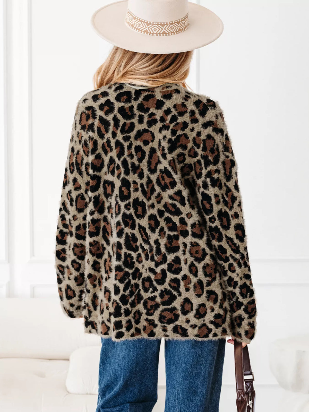 Leopard open front cardigan, back detail