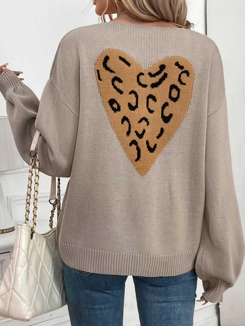 Perfee Tied Contrast Heart V-Neck Long Sleeve Cardigan - Fashorio