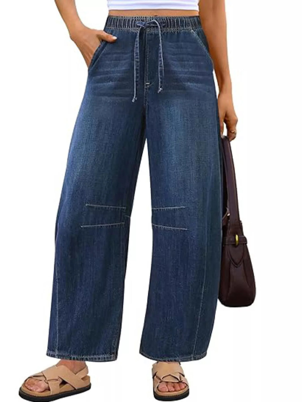 Side view of pull on wide leg denim