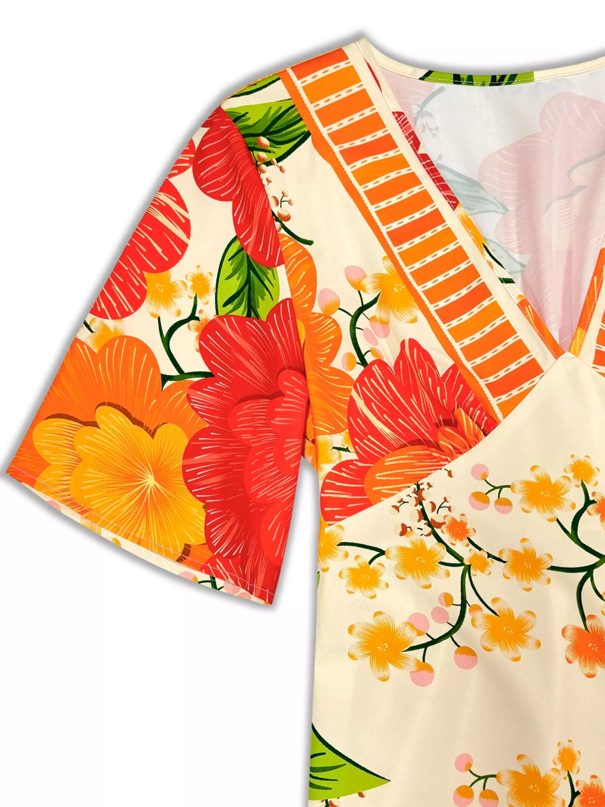 Orange floral V neck maxi dress close up of the neckline