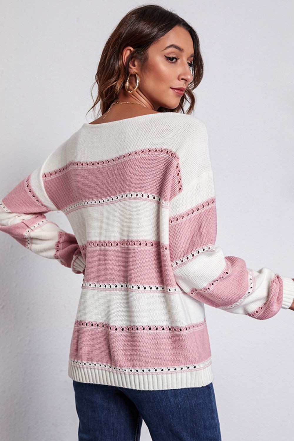 Striped Boat Neck Dropped Shoulder Sweater - Fashorio