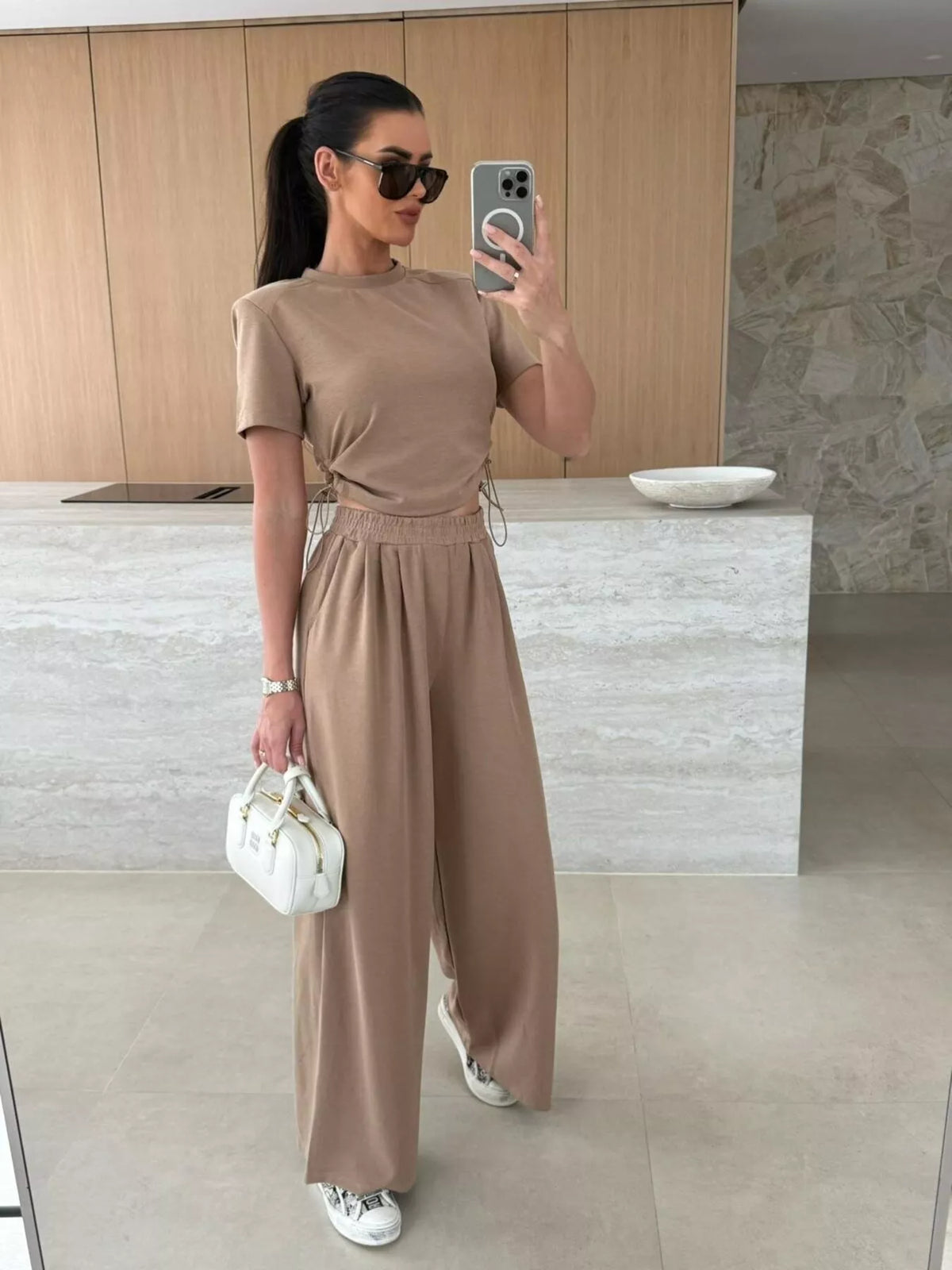 Drawstring Crop Top and Wide Leg Pants Set, view 11