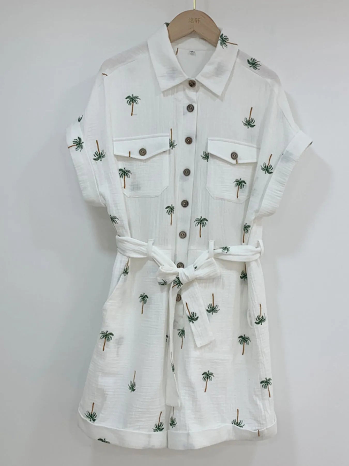Palm Tree Print Short Sleeve Button-Up Romper with Belt - Fashorio