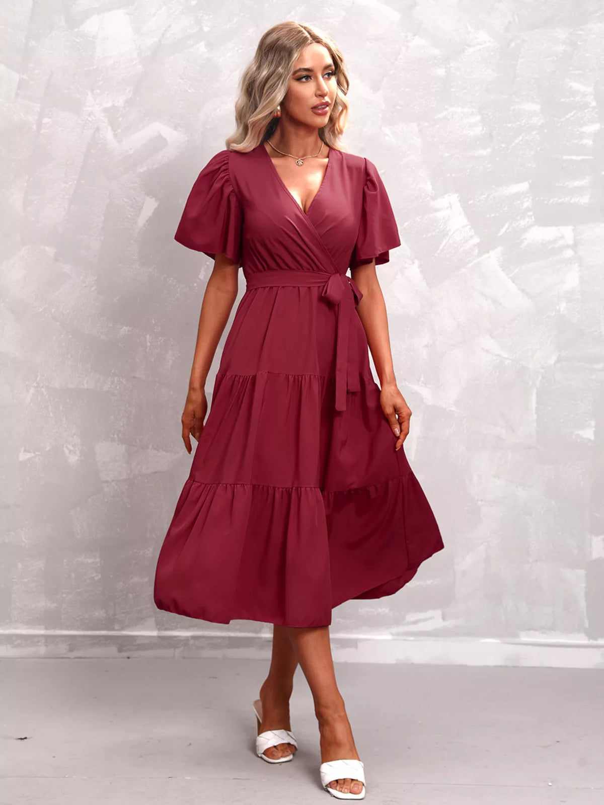 Flutter sleeve tiered midi dress back view