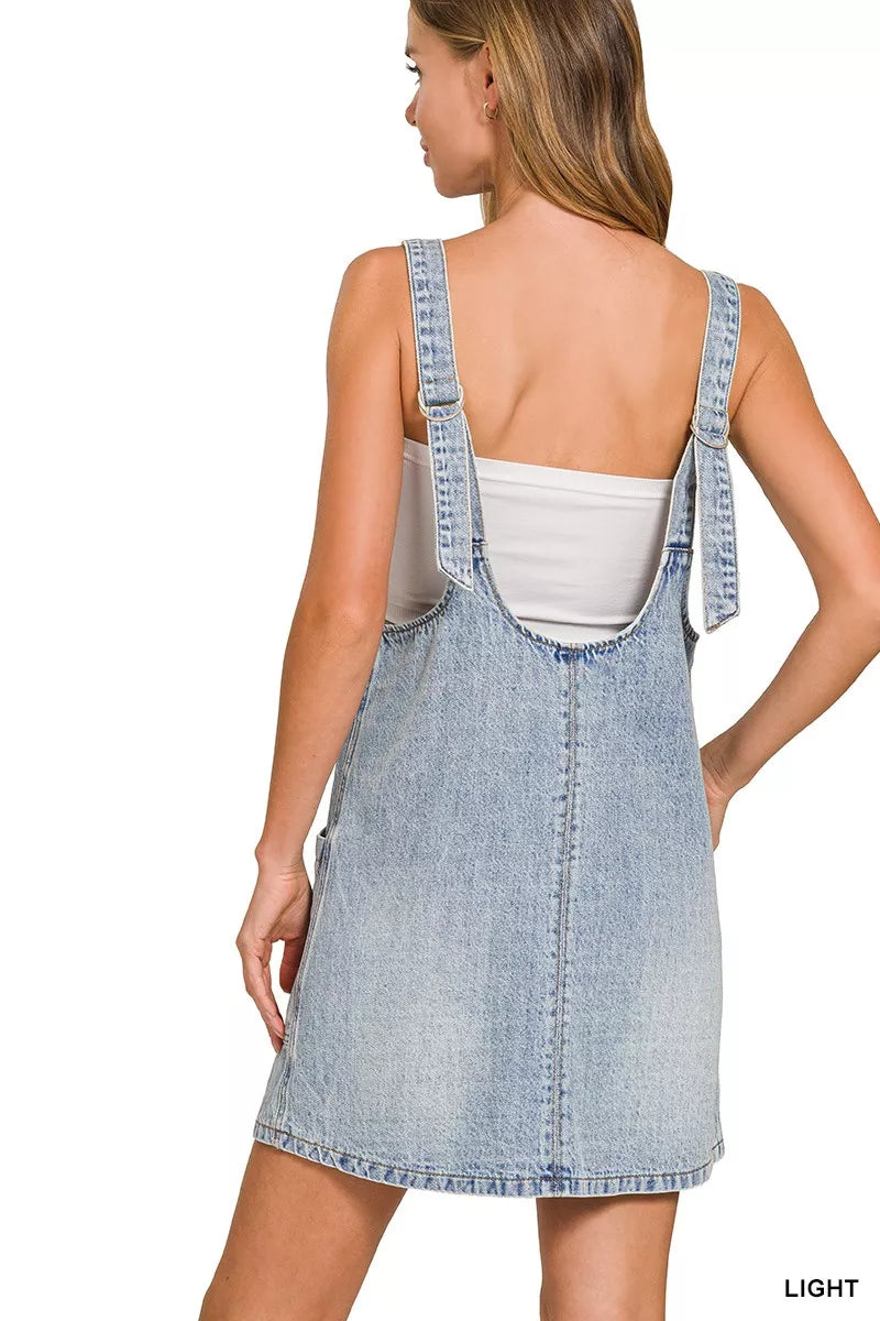Zenana light wash denim overall dress styled view