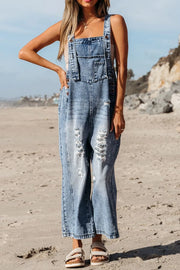 Distressed Bib Pocket Wide Leg Denim Overalls Medium - Fashorio