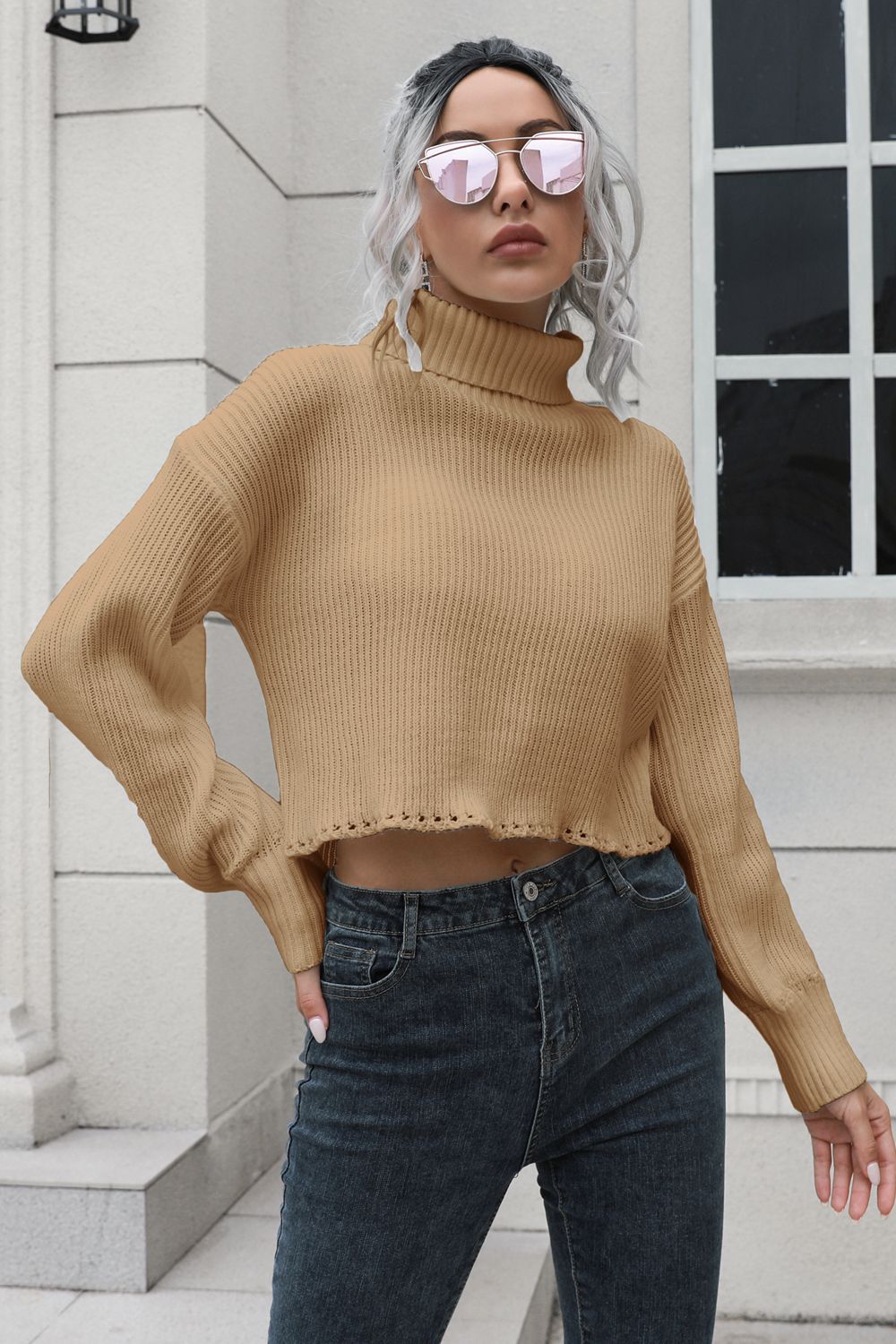 Turtleneck Dropped Shoulder Sweater Camel - Fashorio