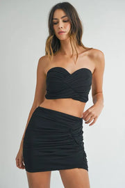 MABLE Ruched Tube Crop Top and Skirt Set Black - Fashorio