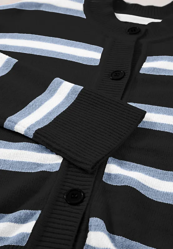 Striped Button Down Long Sleeve Cardigan - Fashorio