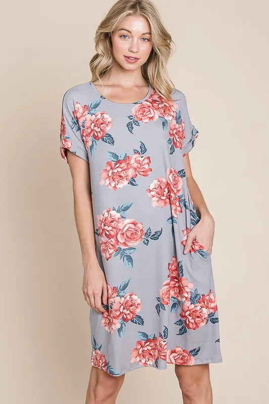 Floral Tee Dress with Pockets in Gray