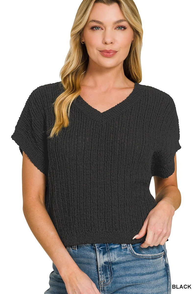 Black V-neck cropped sweater front view