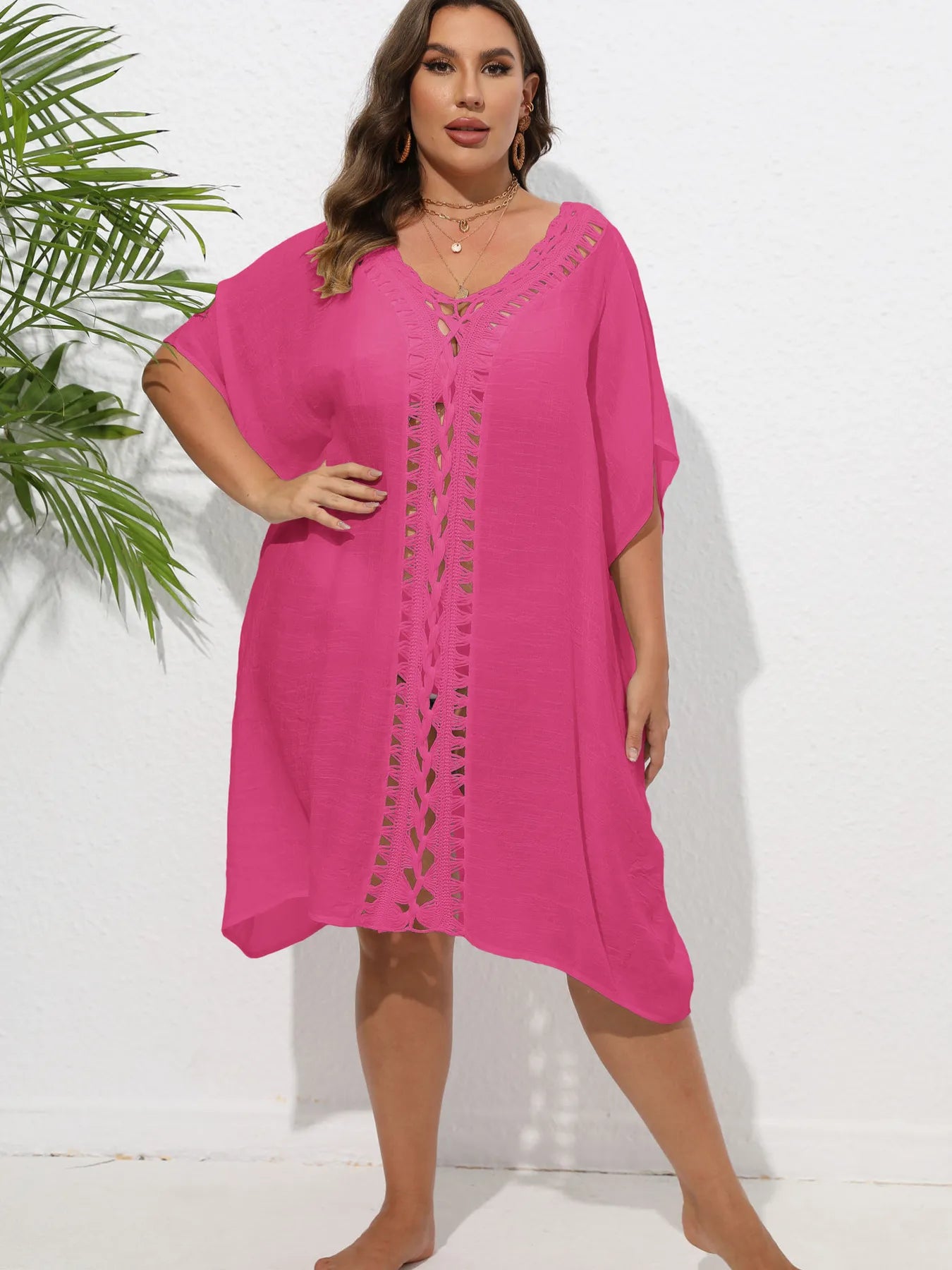 Crochet Trim V-Neck Beach Cover Up Dress Rose Red One Size - Fashorio