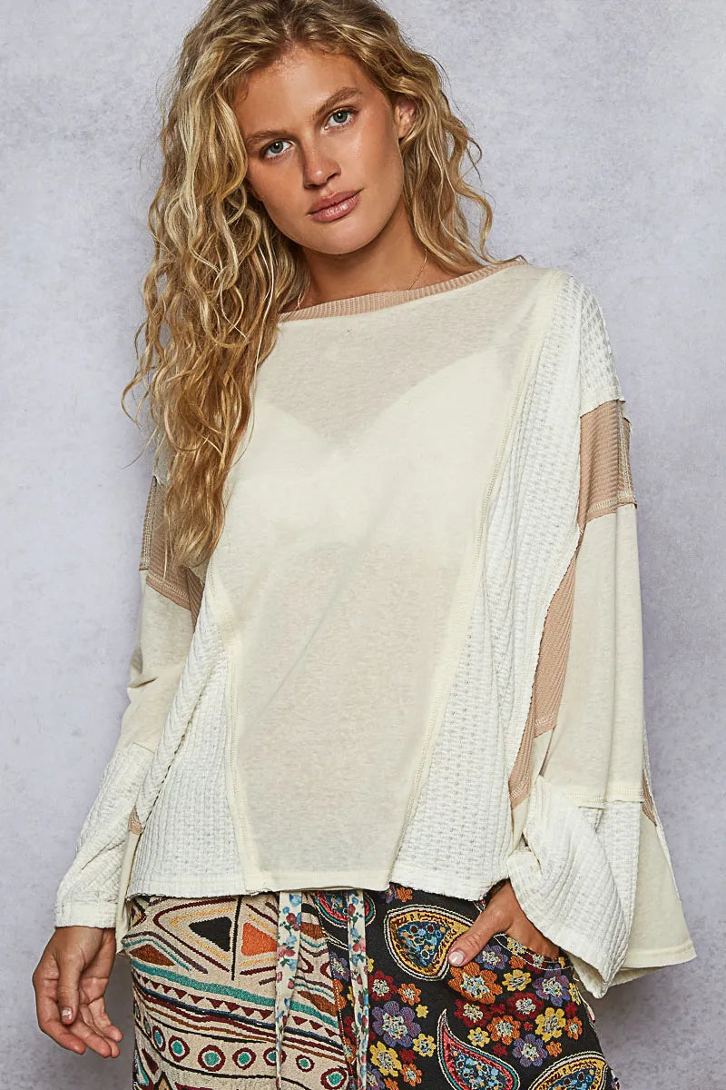 POL Contrast Round Neck Long Sleeve T-Shirt Cream - Fashorio