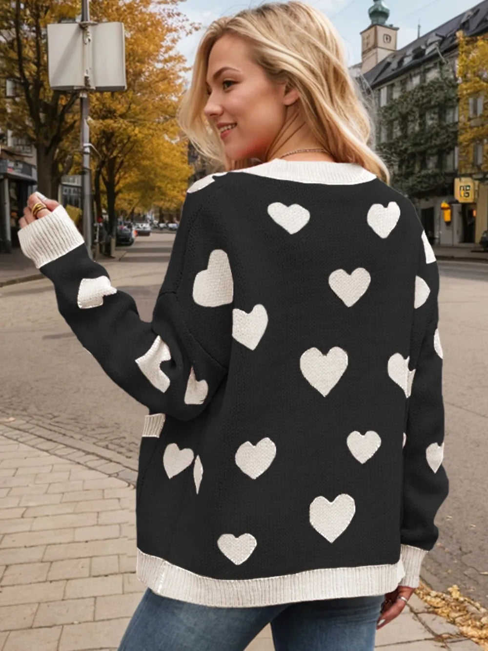 Heart Button Up Dropped Shoulder Long Sleeve Cardigan - Fashorio
