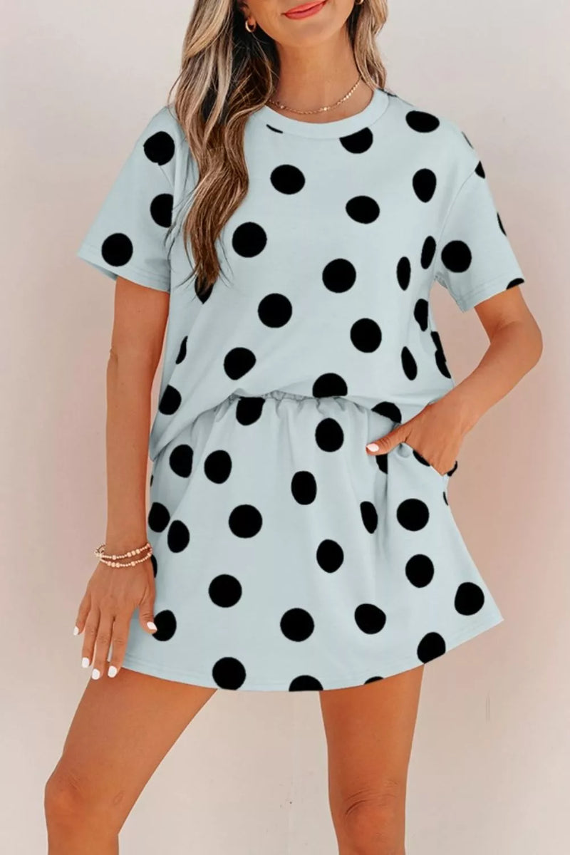 Polka dot short sleeve top and skort two piece set front view