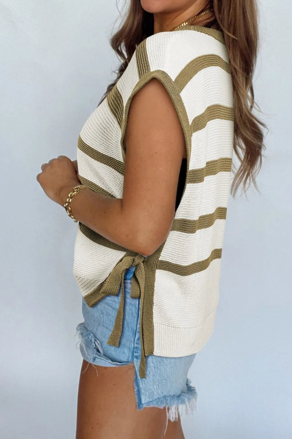 Stripe Tie Open Side Sweater Knitted Top - Fashorio