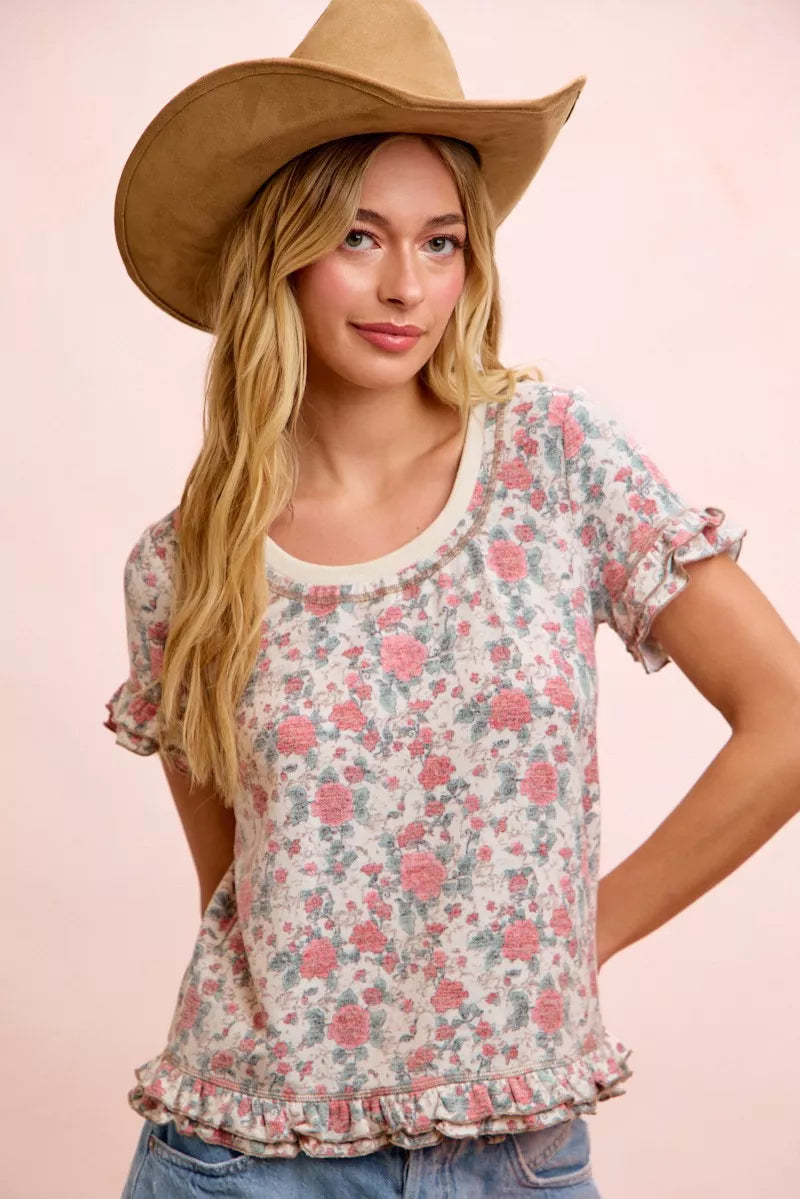 Rose floral print ruffle sleeve knit top full length view