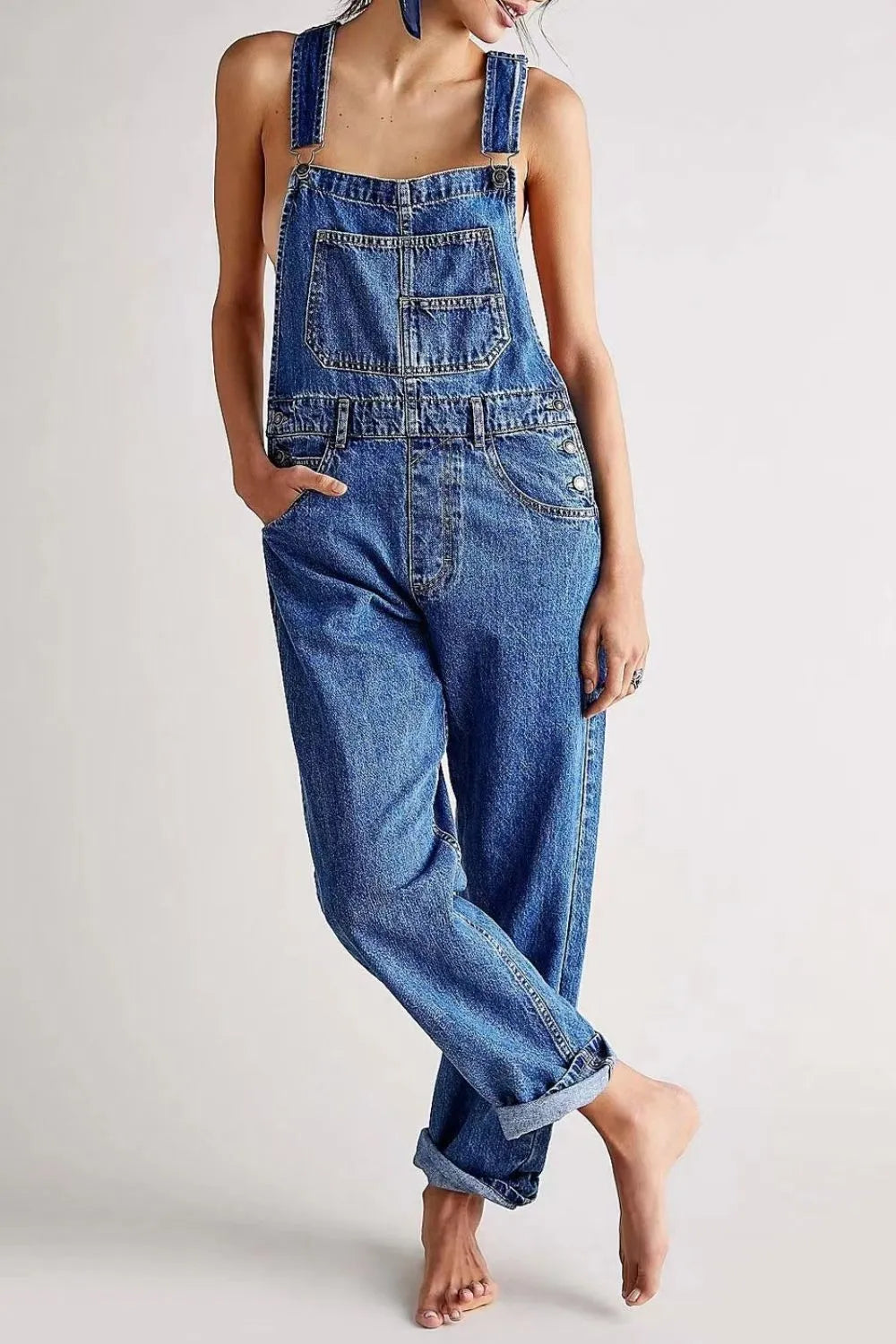 Square neck overalls crisscross strap detail