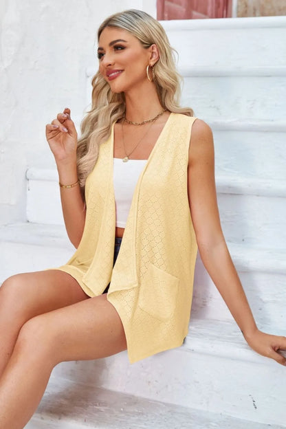 Eyelet Open Front Sleeveless Cardigan - Fashorio