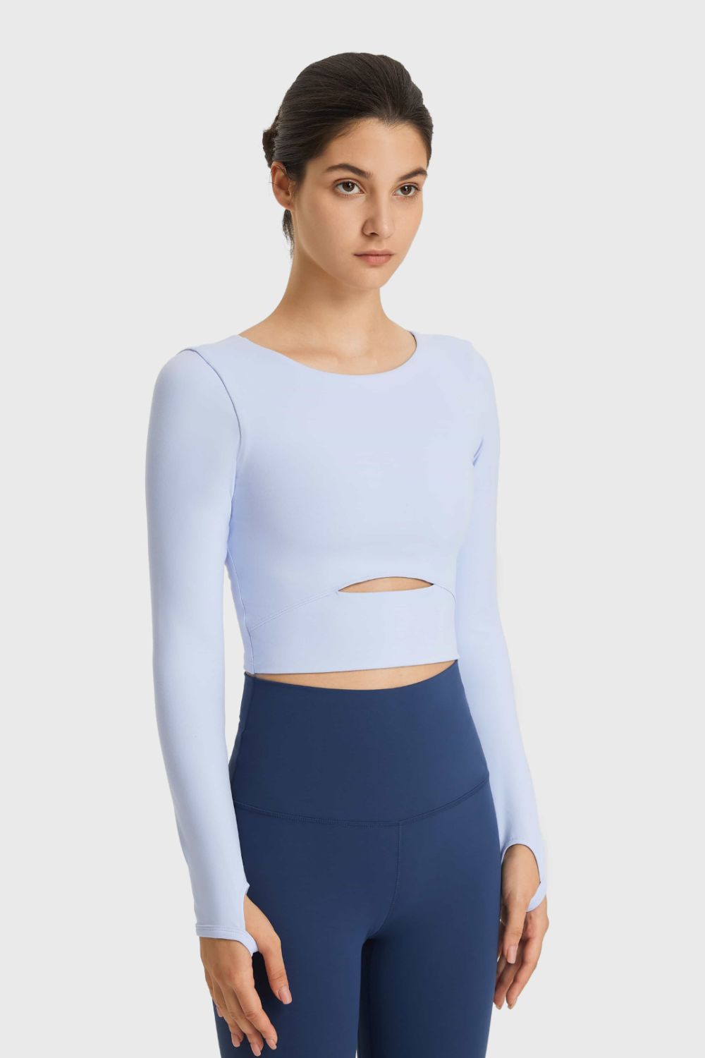 cutout long sleeve cropped sports top close up detail