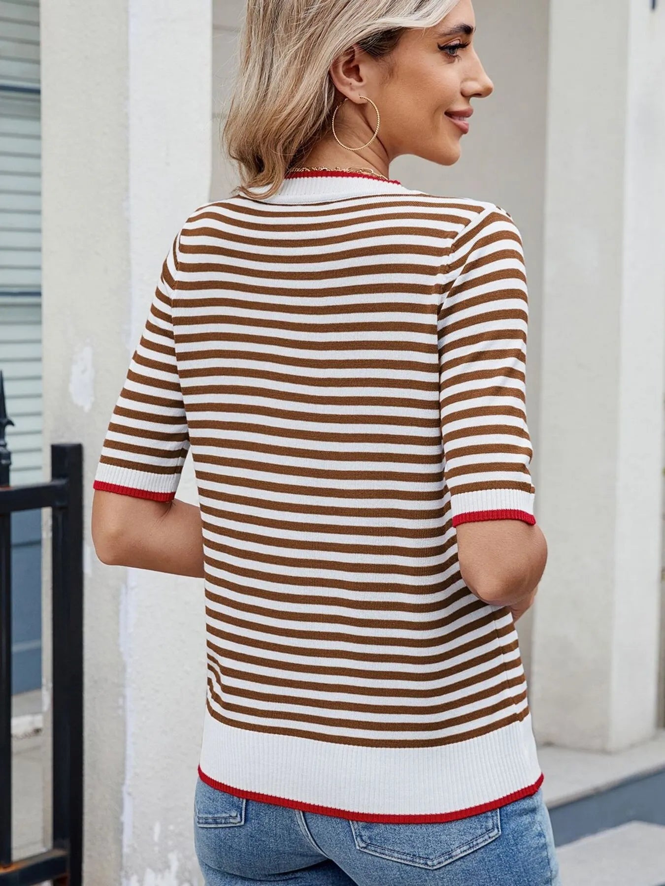Striped Casual T-Shirt with Contrast Trim - Fashorio
