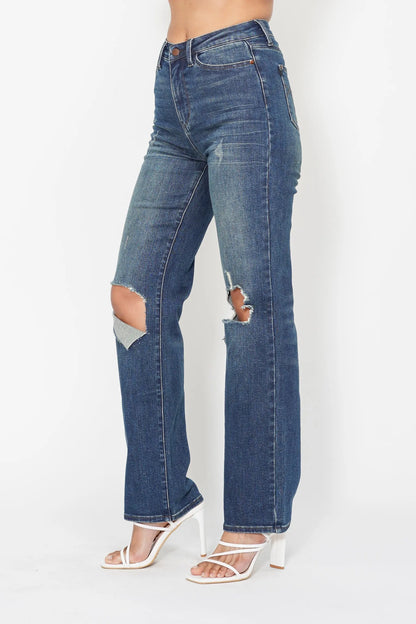Judy Blue Full Size Hw Ripped Knee Dad Jeans Plus Size - Fashorio