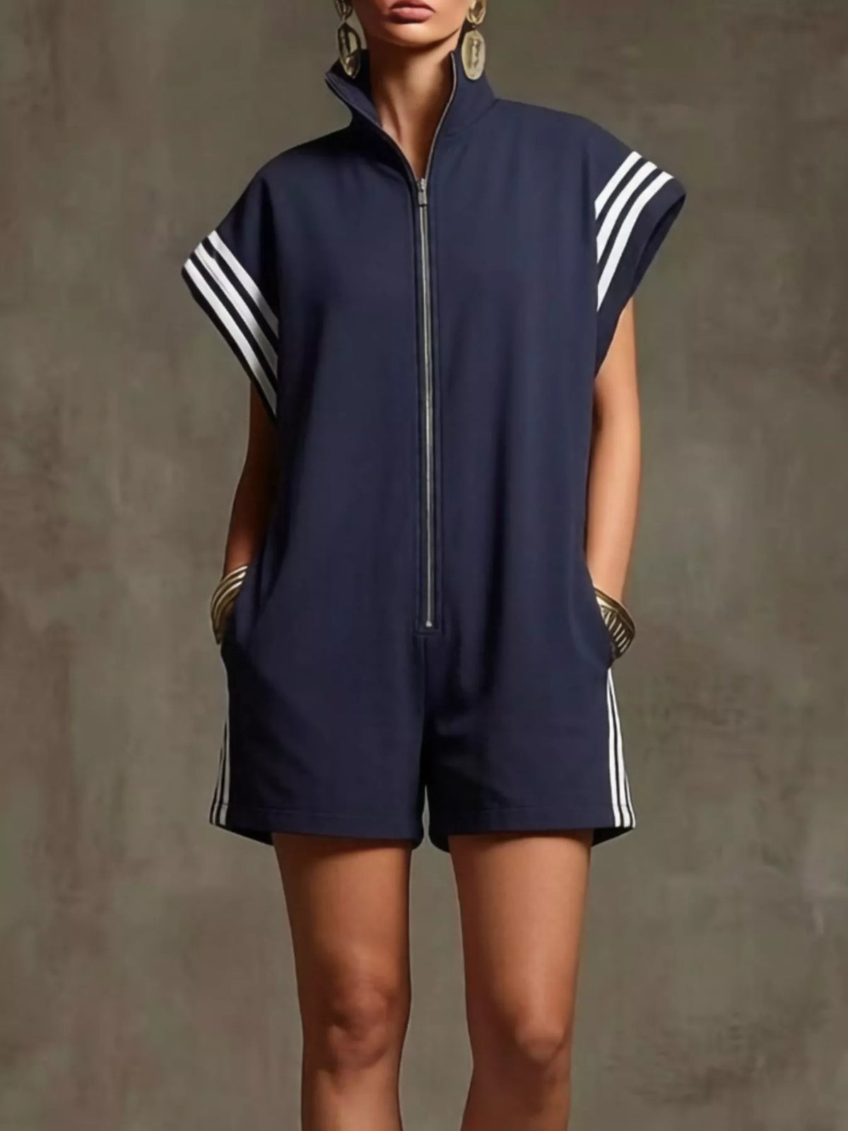 Striped zip front short sleeve romper front view
