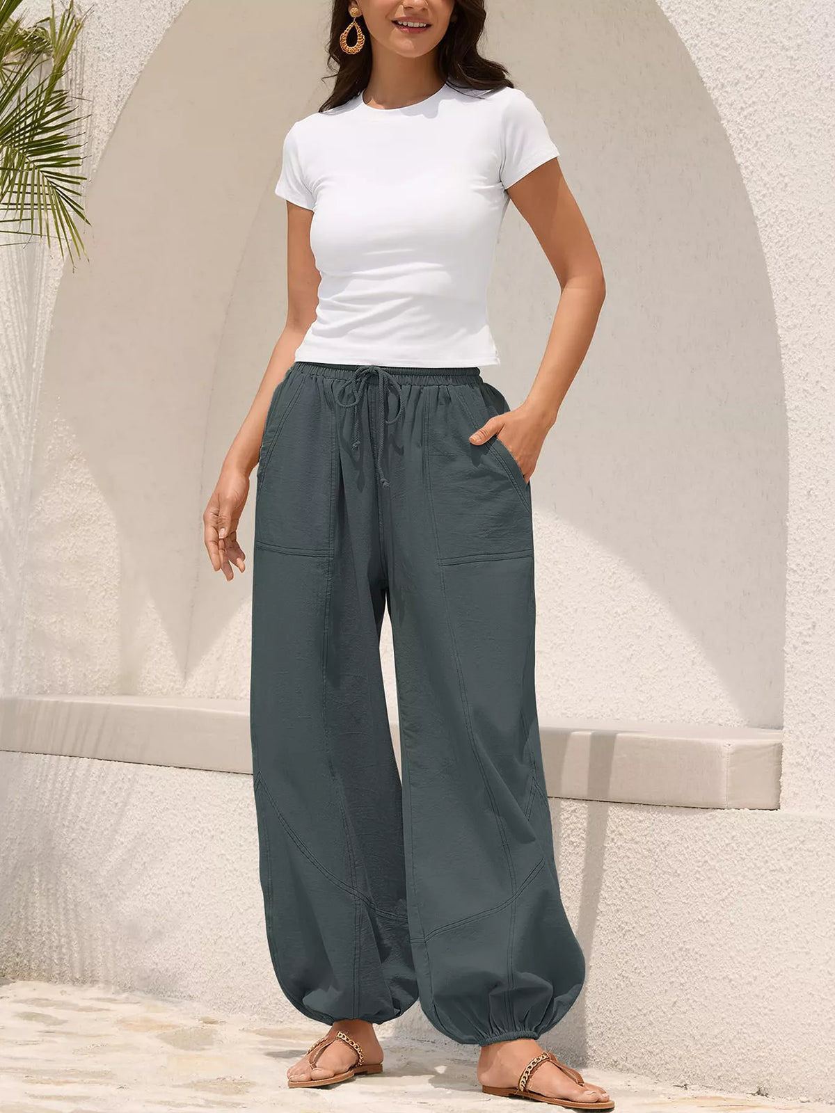 Loose fit drawstring waist harem joggers back view