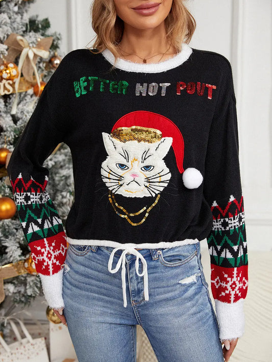 Sequin Drawstring Long Sleeve Sweater - Fashorio