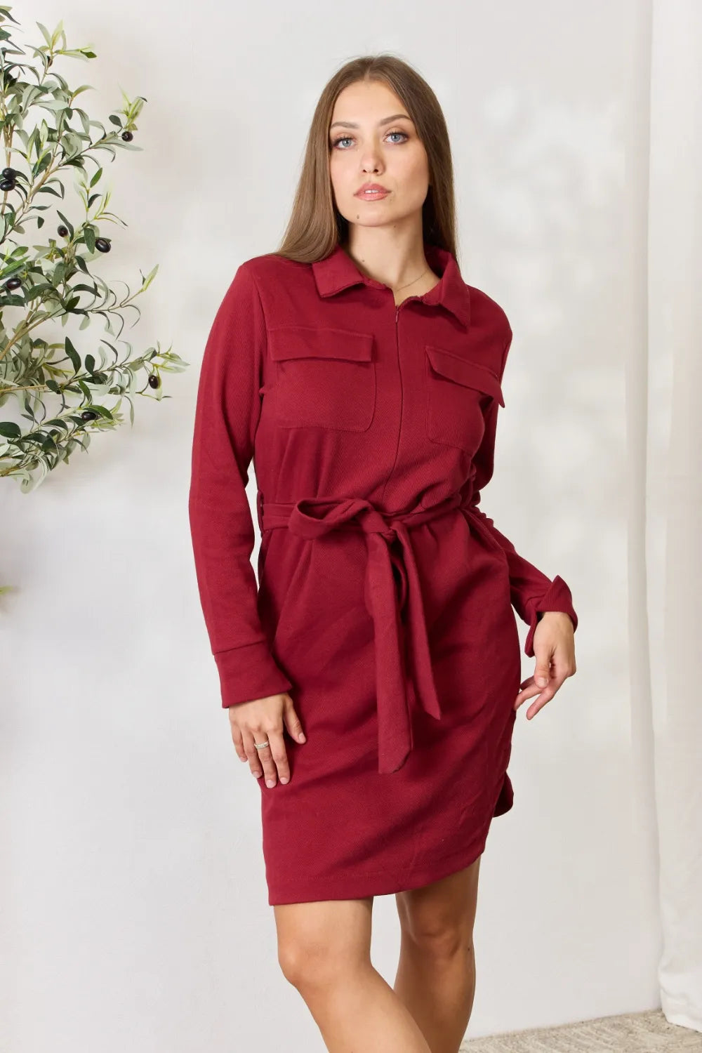 Tie Front Half Zip Long Sleeve Shirt Dress view 7