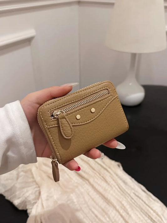 PU Leather Solid Color Card Case Taupe One Size - Fashorio