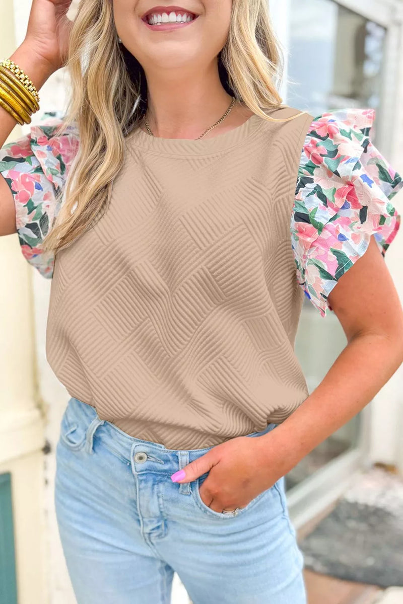Khaki textured floral ruffle sleeve blouse front view