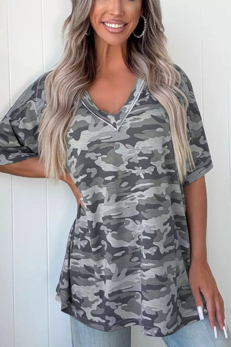 Green camouflage V neck short sleeve tee front view