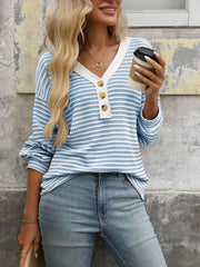 Striped V-Neck Button Front Casual Top Sky Blue - Fashorio