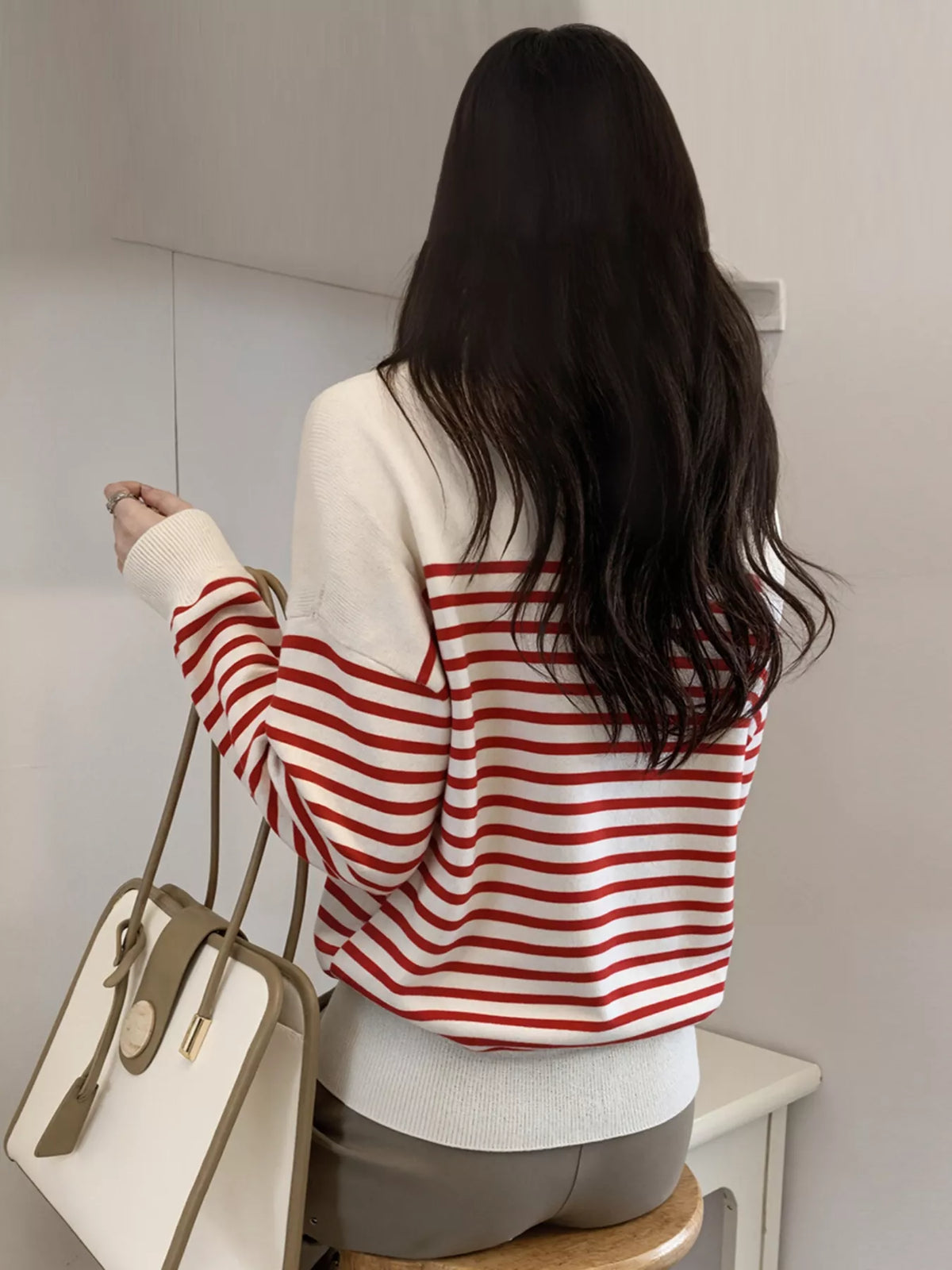 Striped long sleeve knit top, color option