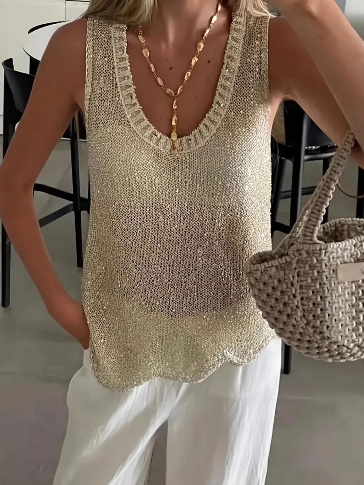 Scoop neck sweater vest, styled look