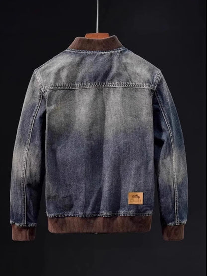 Men's Plus Size Button Up Washed Denim Bomber Jacket - Fashorio
