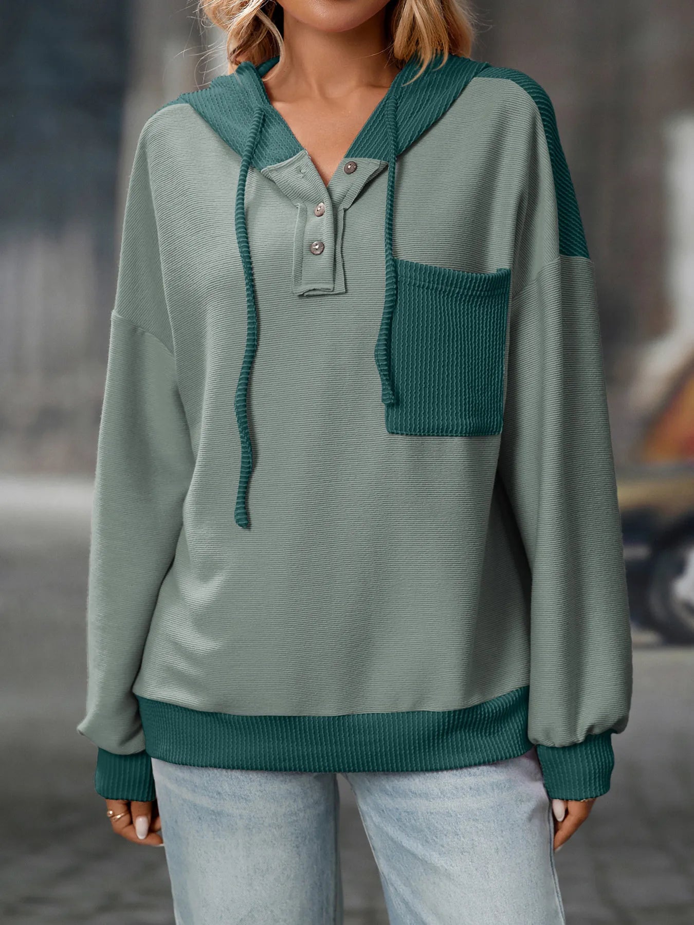 Drawstring Button Detail Long Sleeve Hoodie - Fashorio