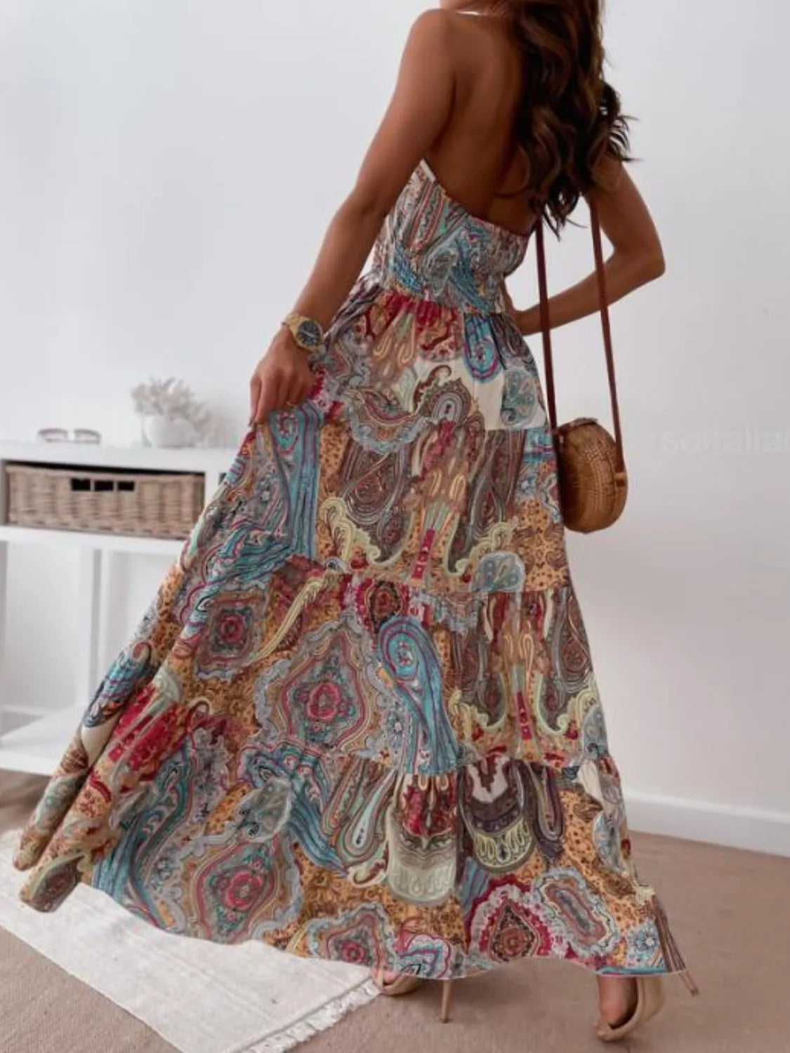 Printed halter neck backless maxi dress, close up view