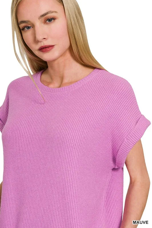Rolled Sleeve Sweater Top and Pants Set in Mauve close up