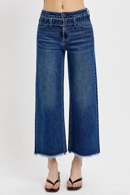 RISEN Raw Hem Wide Leg Attached Buckle Jeans Dark - Fashorio
