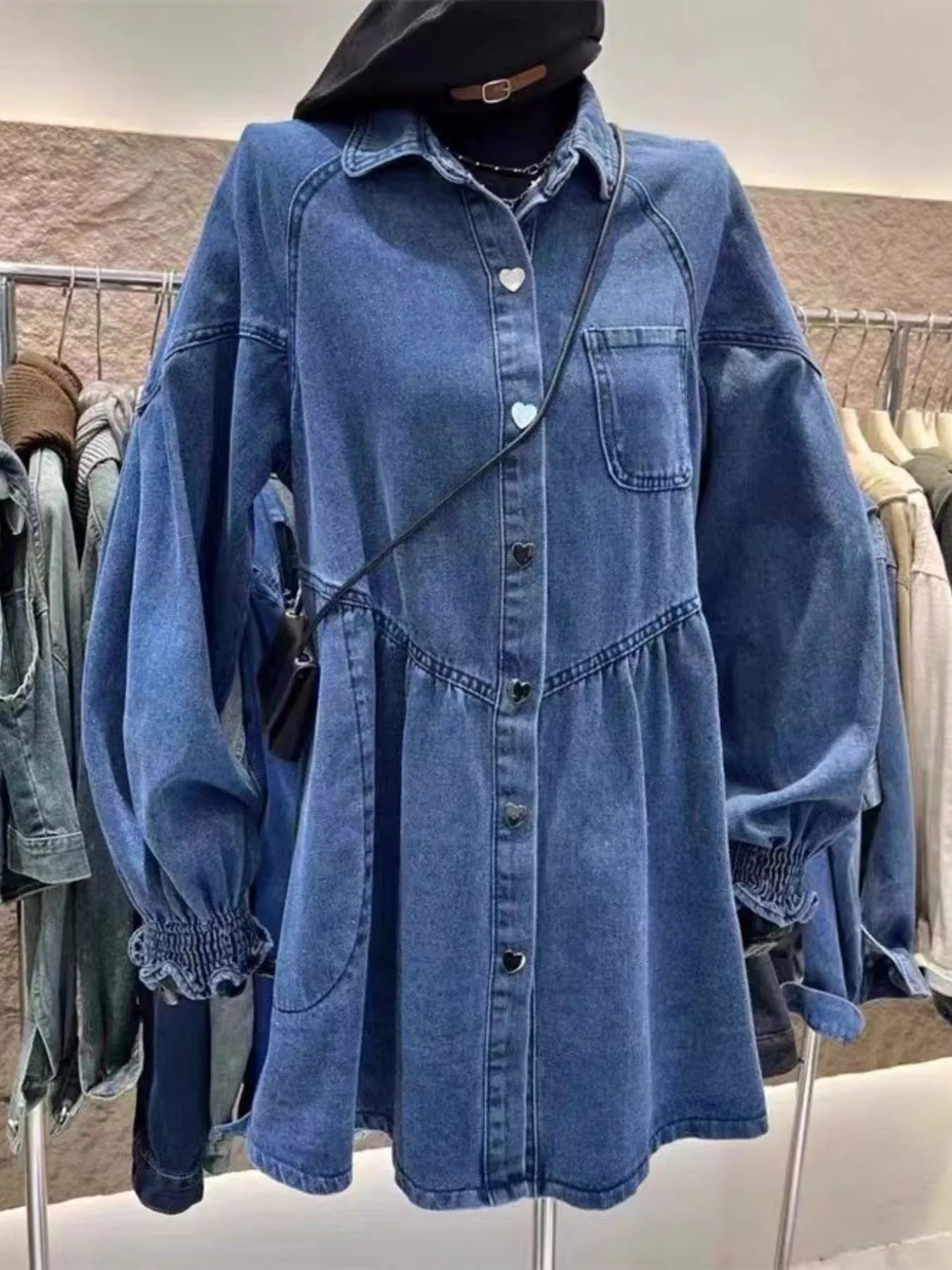 Oversized Long Sleeve Button-Up Denim Dress - Fashorio