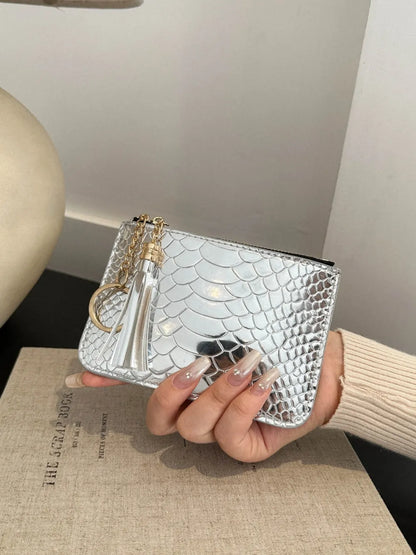 PU Leather Tassel Trim Card Case Silver One Size - Fashorio